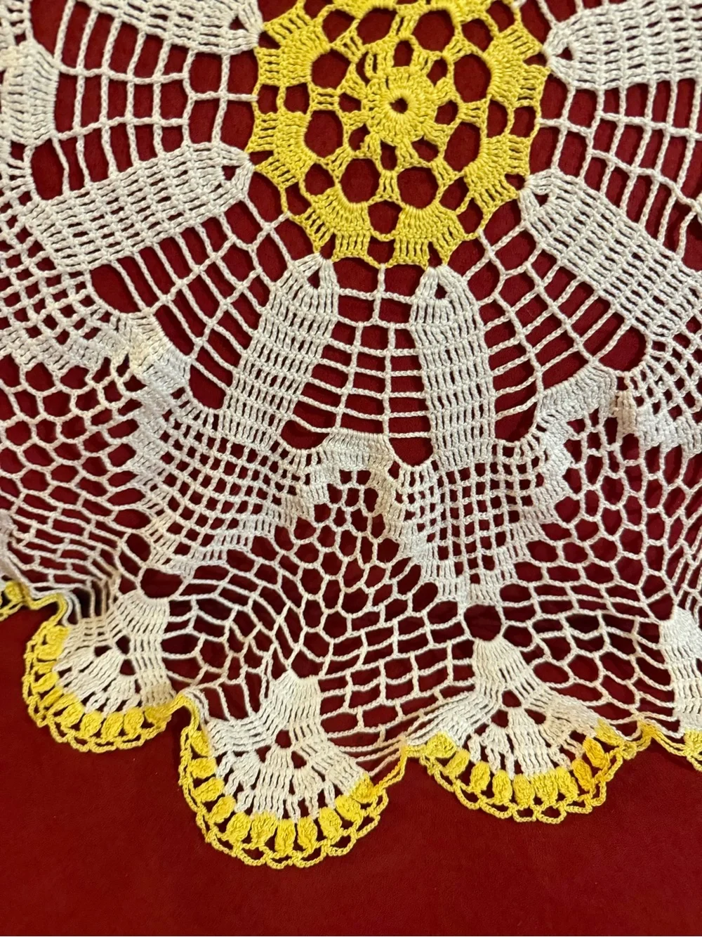 Big handcrafted Vintage White and Yellow Crochet Doily lace Table Accent